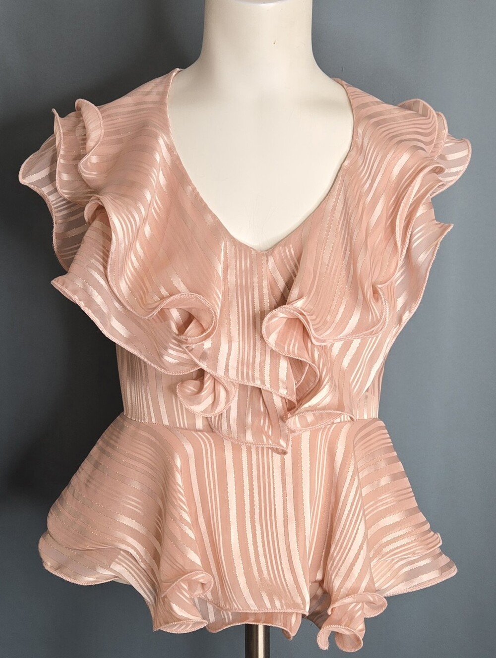Blāshe Blush Pink Metallic Stripe Ruffle Peplum Top Open Back Tie NWOT Medium